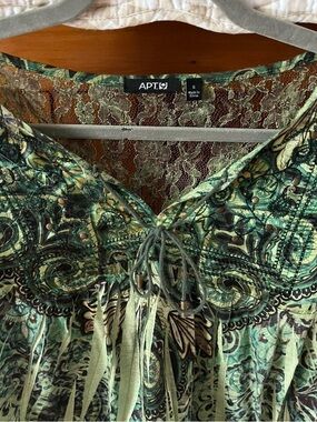 Apt. 9 y2k Green Paisley studded Lace-Trim Peasant Blouse